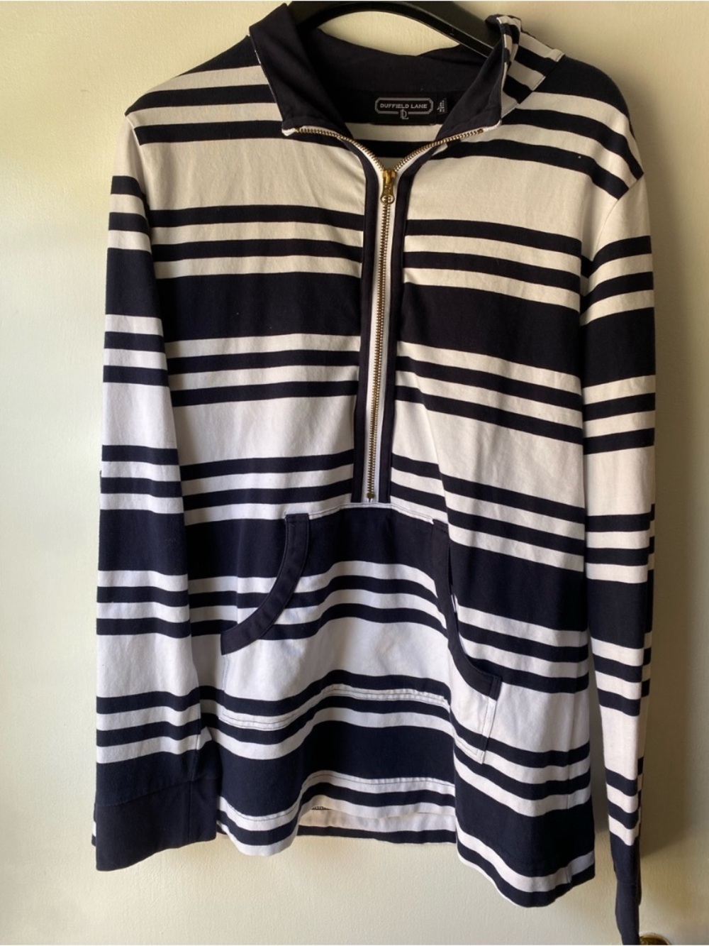 Duffield Lane Navy & White Striped Half-Zip Pullover with Gold Zipper
